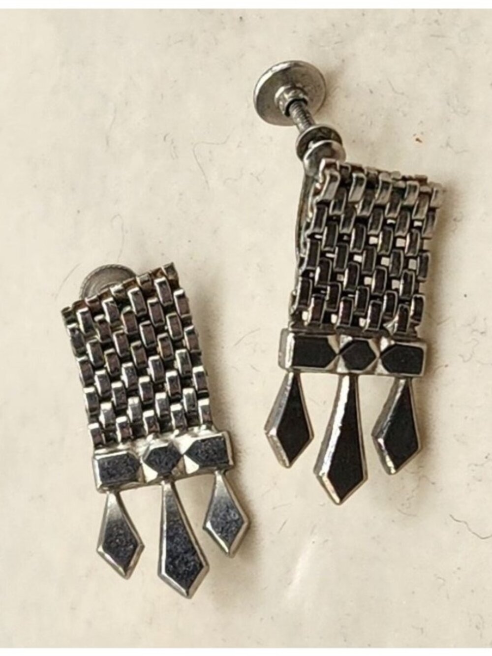 Vintage Silver-Tone Screw Back Dangle Earrings With Geometric Design
